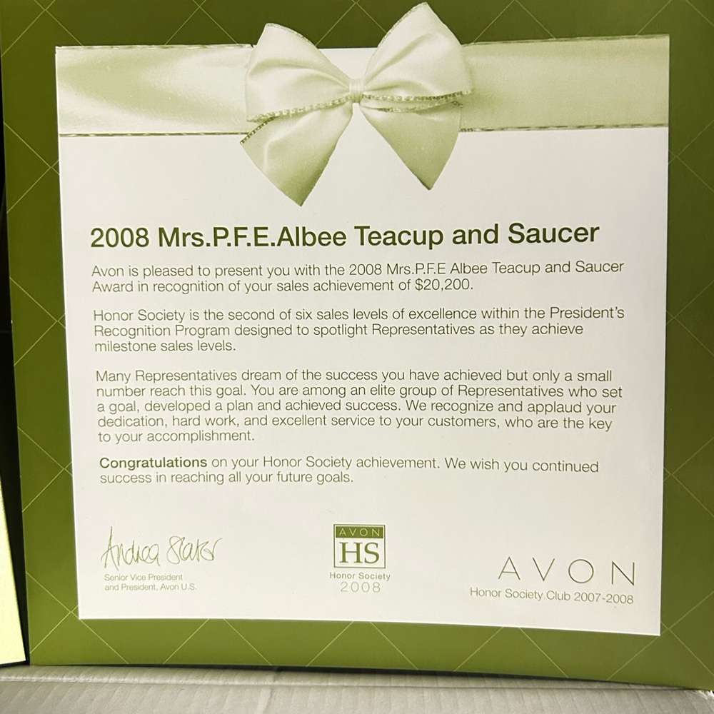 Avon Green Honor Society Teacup and Saucer